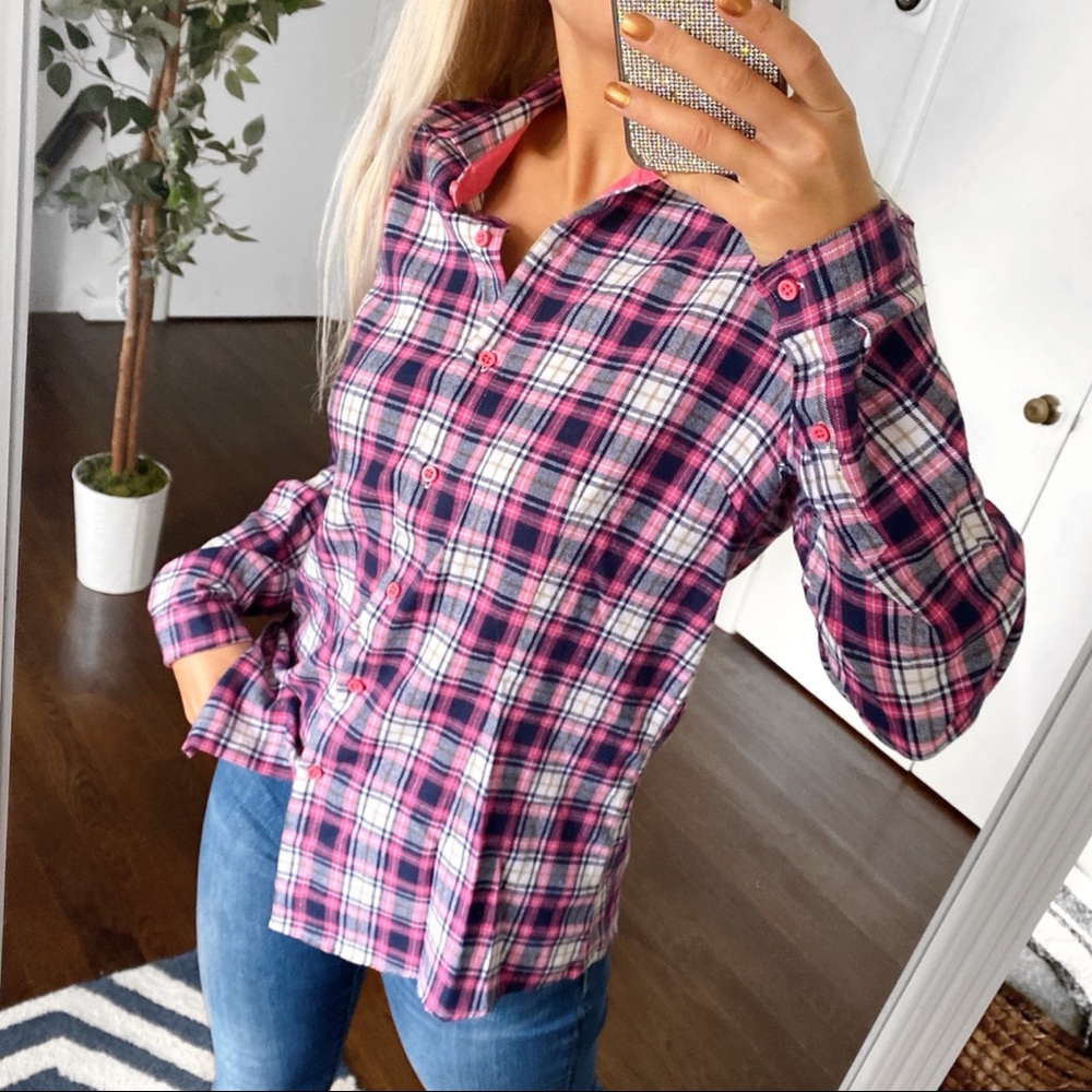💕 EVERYDAY WEAR PINK BLUE WHITE PLAID FALL SHIRT! - Picture 2 of 13